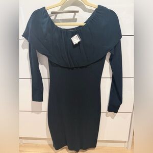 Club Monaco Navy Blue Long-Sleeve Ruffle Neck Dress